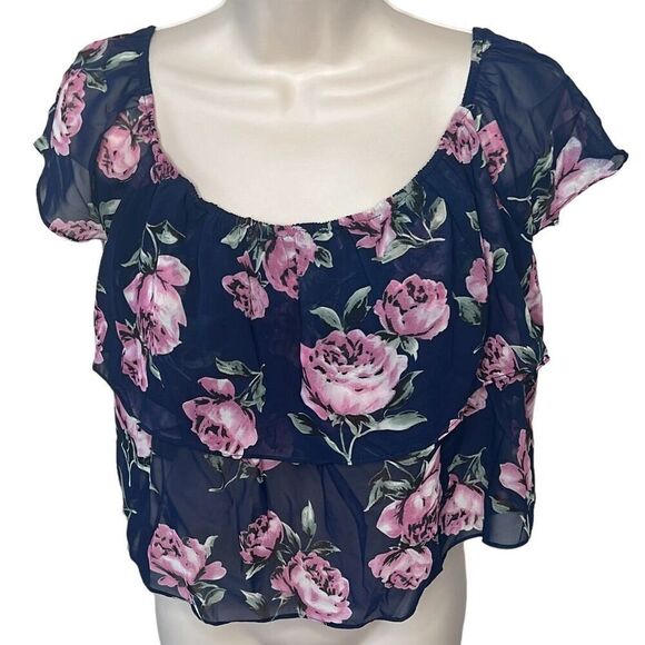 Lucy Paris Tops - Lucy Paris Women's Navy and Pink Layered Crop-top NWT Size Medium